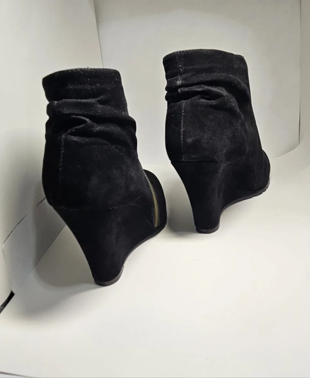 Jessica Simpson Black Suede Wedge Ankle Booties Leopard Lining Lug Sole Size 7M